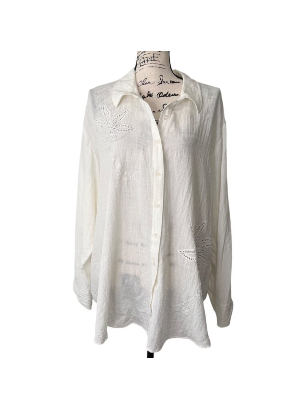 Calypso St Barth Women 3X Button-Up Shirt Top Embroidered Palm Tree Long Sleeve